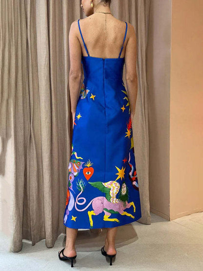 Summer Satin Backless Printed Sleeveless Midi Dress