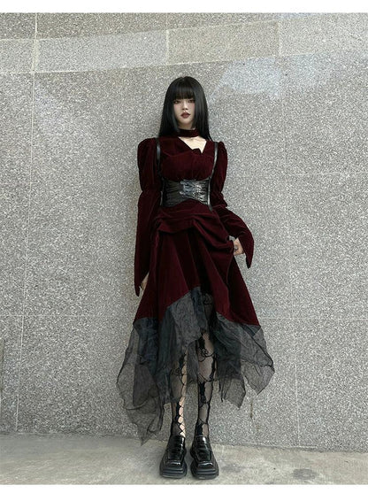 Ladyghost Gothic Victorian Maxi Dress - Burgundy Velvet and Black Mesh Layered Gown With Corset Belt