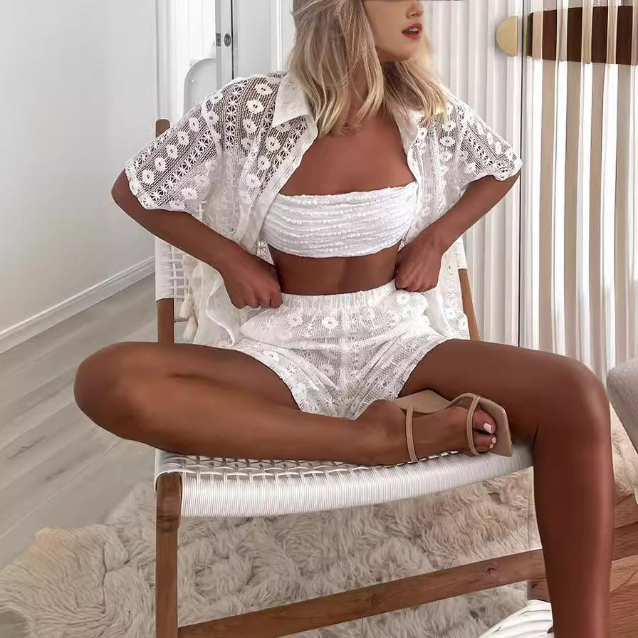 White Lace Hollow Out Cutout Short Sleeve Cardigan Shorts Two Piece Set