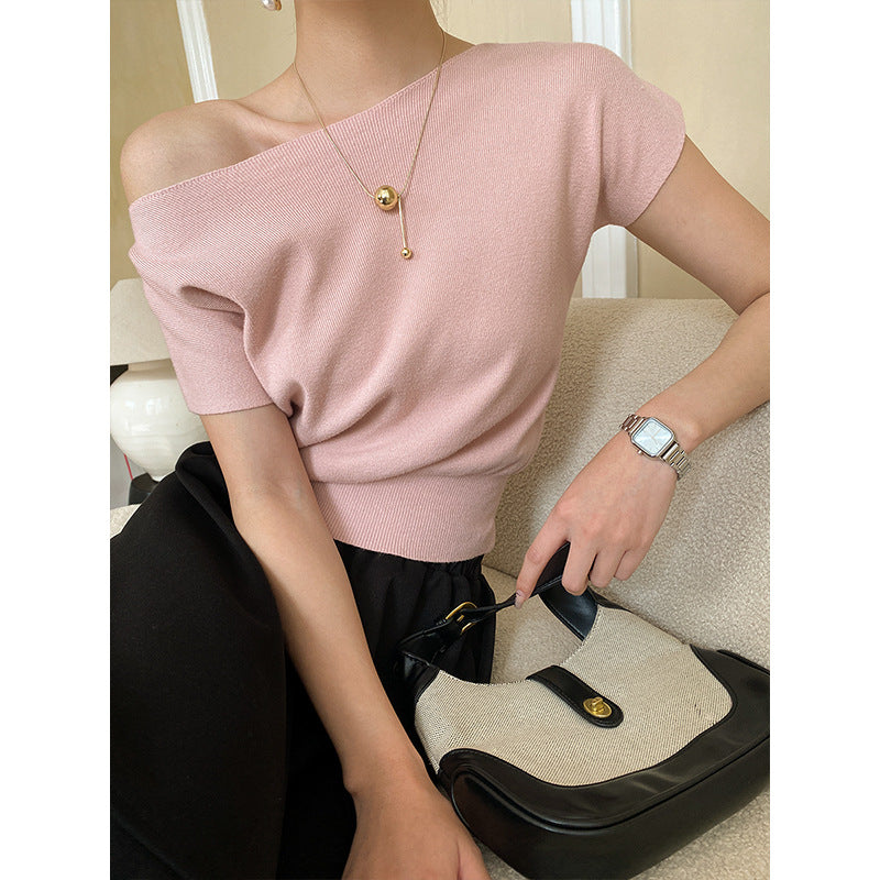 French Simplicity Raglan Sleeve Short Sleeved Sweater Top Bottoming Shirt Early Spring