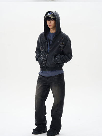 Black Distressed Zip-up Hooded Sweatshirt