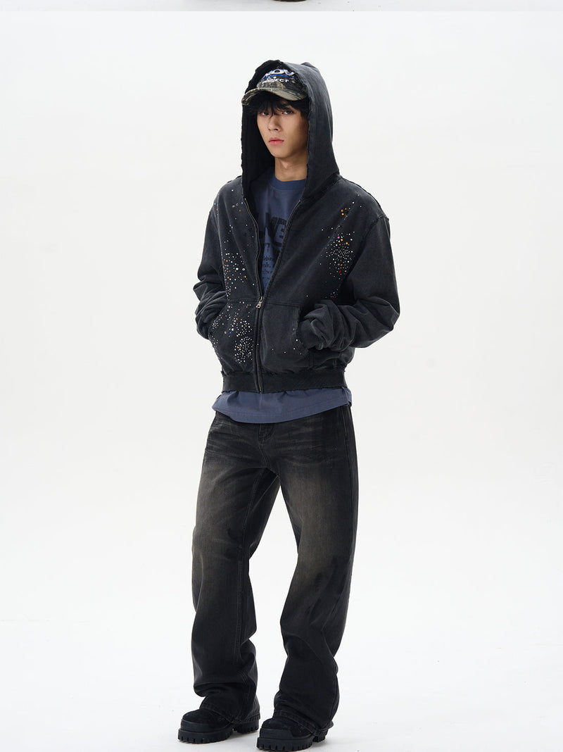 Black Distressed Zip-up Hooded Sweatshirt