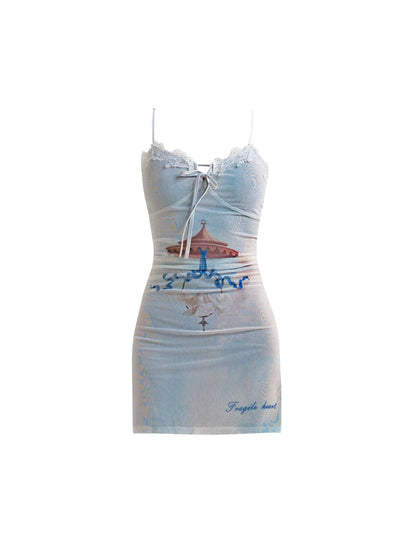 Whimsical Beach Print Spaghetti Strap Mini Dress With Lace Trim