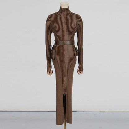 Long Dress Autumn Pocket Belt Design Waist Tight Slimming Knitted Dress