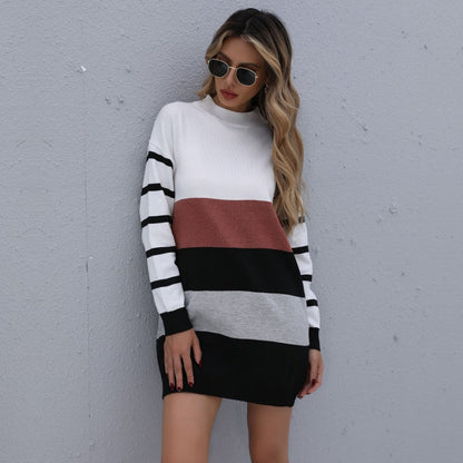 Clothing Autumn Winter Color Matching Fashionable Long Knitted Base Sweater Dress