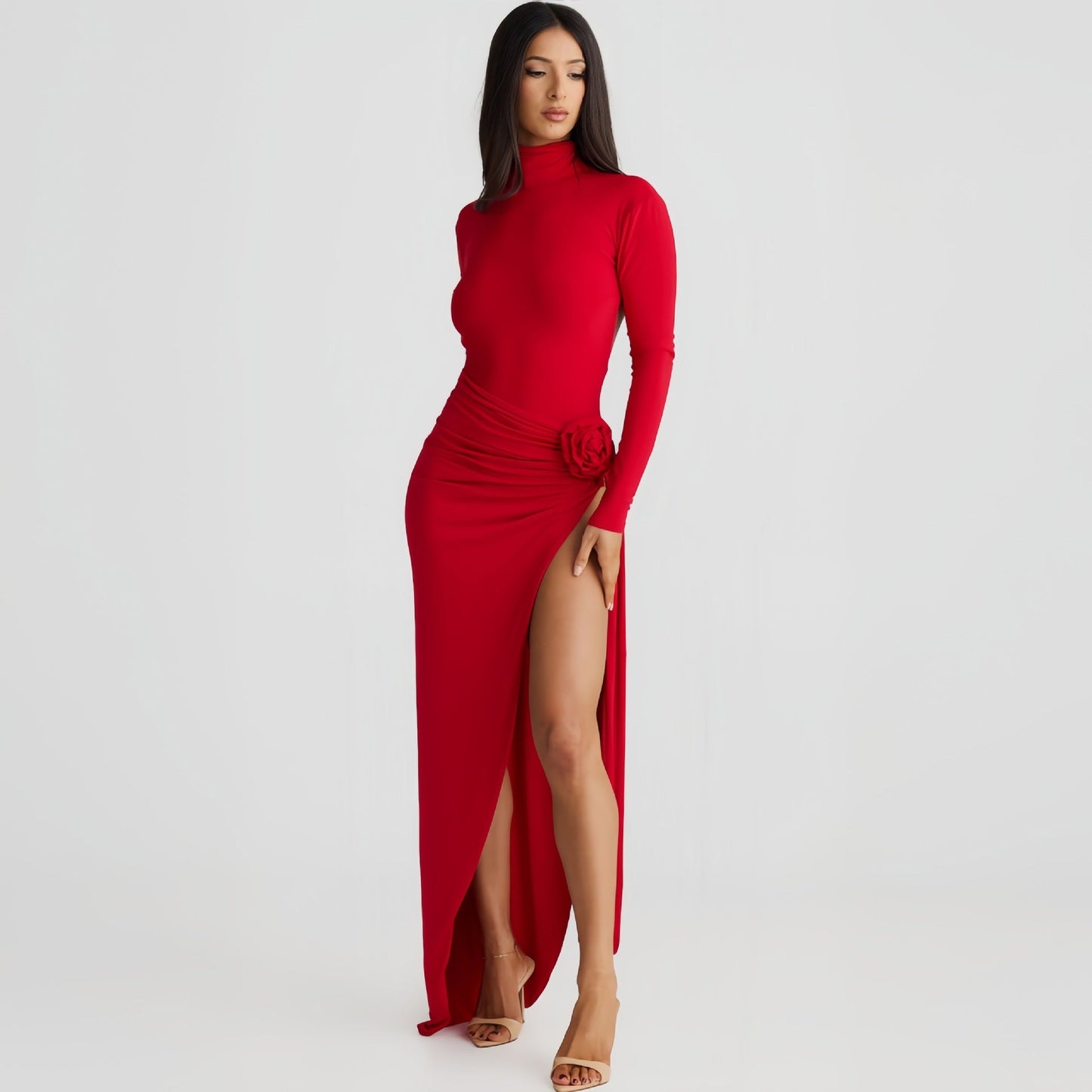 Autumn High Collar Backless Long Sleeves Jumpsuit Slit Dress