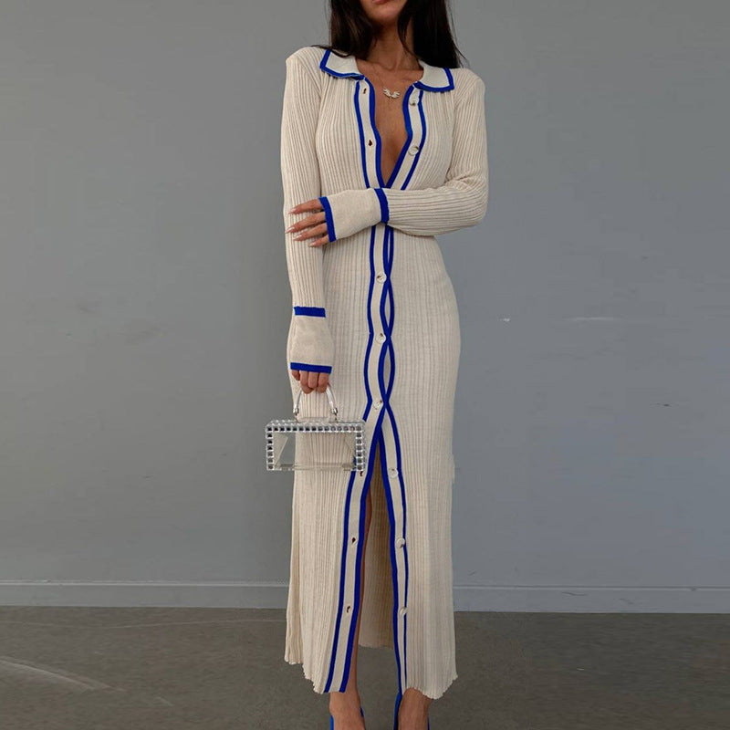 Slim Collared Patchwork Long Sleeved Cardigan Dress