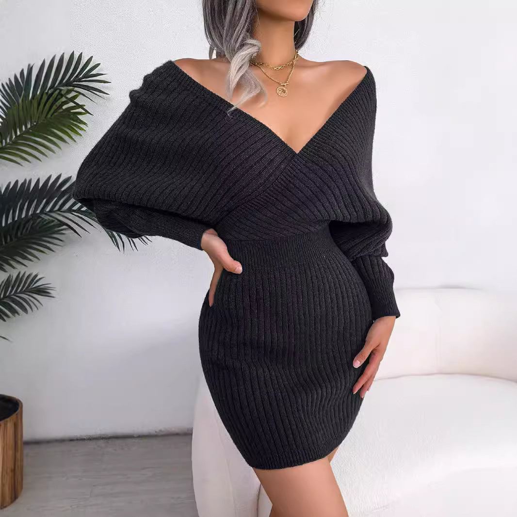 Cross V-neck Bat Skirt Hip Dress Sweater Dress