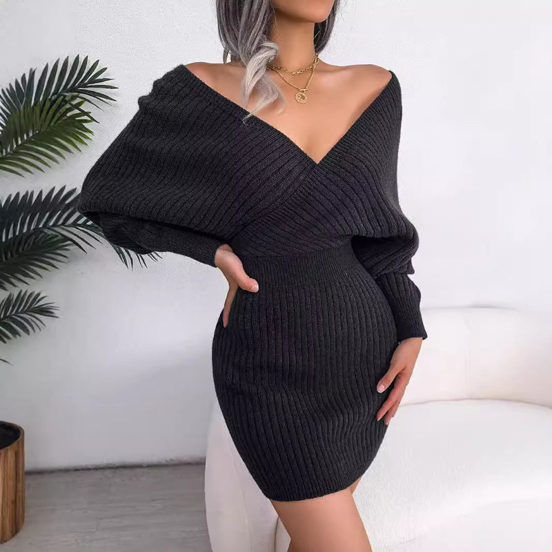 Cross V-neck Bat Skirt Hip Dress Sweater Dress