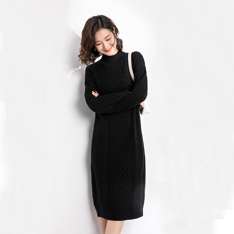 Autumn Winter Half High Collar Sweater Knitted Dress Mid Length Loose Over Knee Thickened Base Non Slit Woolen