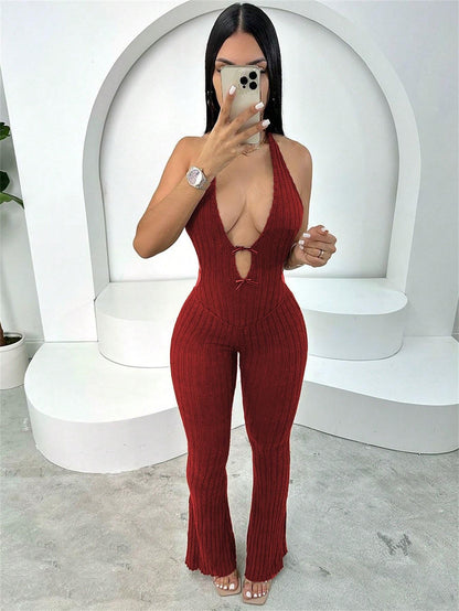 Summer Halter Slim Fit Lace Up Backless Jumpsuit Bell Bottom Pants Jumpsuit