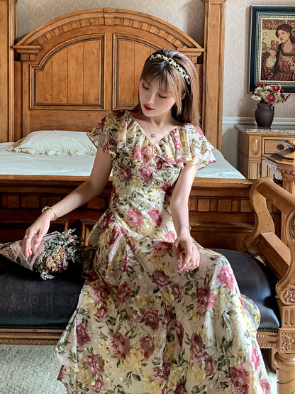 French Court-style Maxi Dress Ruffled Off-shoulder Chiffon Dream Gunne Sax Dress