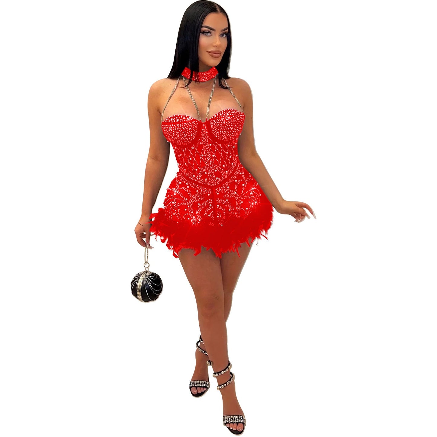 Autumn Winter Clothing Rhinestone Beaded Mesh See Through Nightclub Jumpsuit Feather