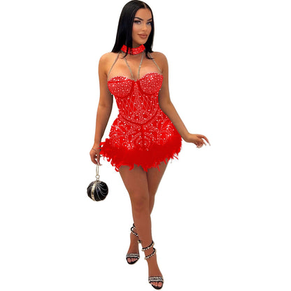 Autumn Winter Clothing Rhinestone Beaded Mesh See Through Nightclub Jumpsuit Feather