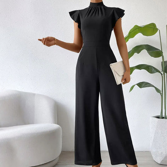 Stand Collar Ruffle Wide Leg Pants Draping Effect Trousers Sleeveless Jumpsuit Pants Pants Summer