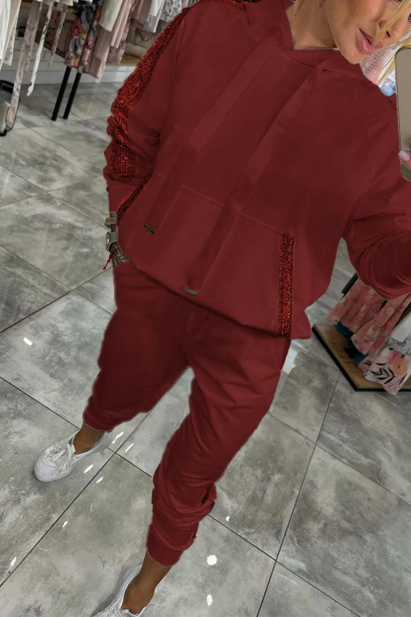 Sequin Pocket Sports Hooded Sweatshirt Sweatpants Suit