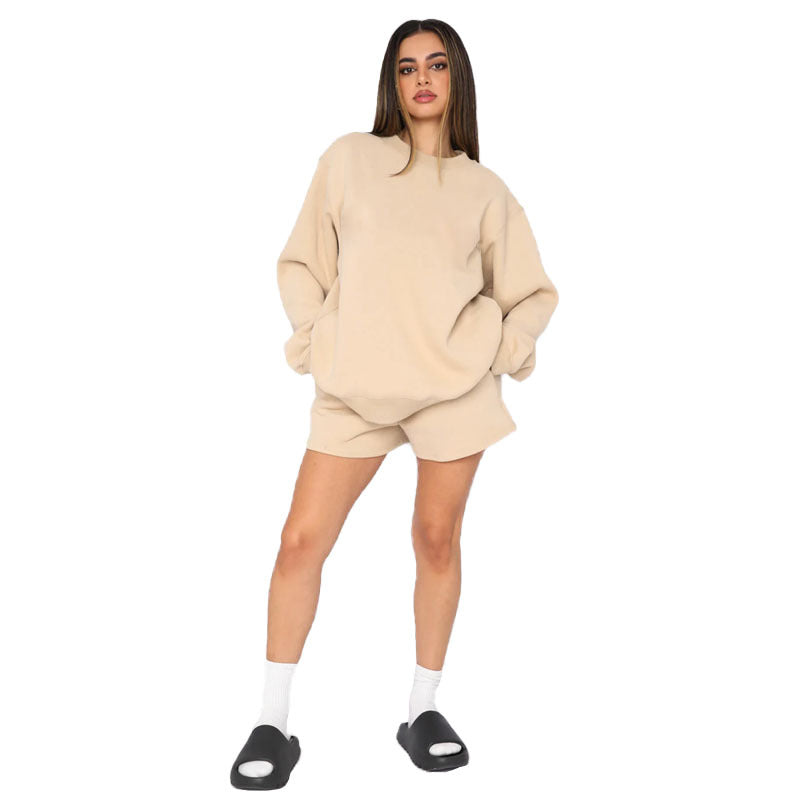 Cotton Autumn Winter Color Round Neck Pullover Long Sleeve Sweater Shorts Set