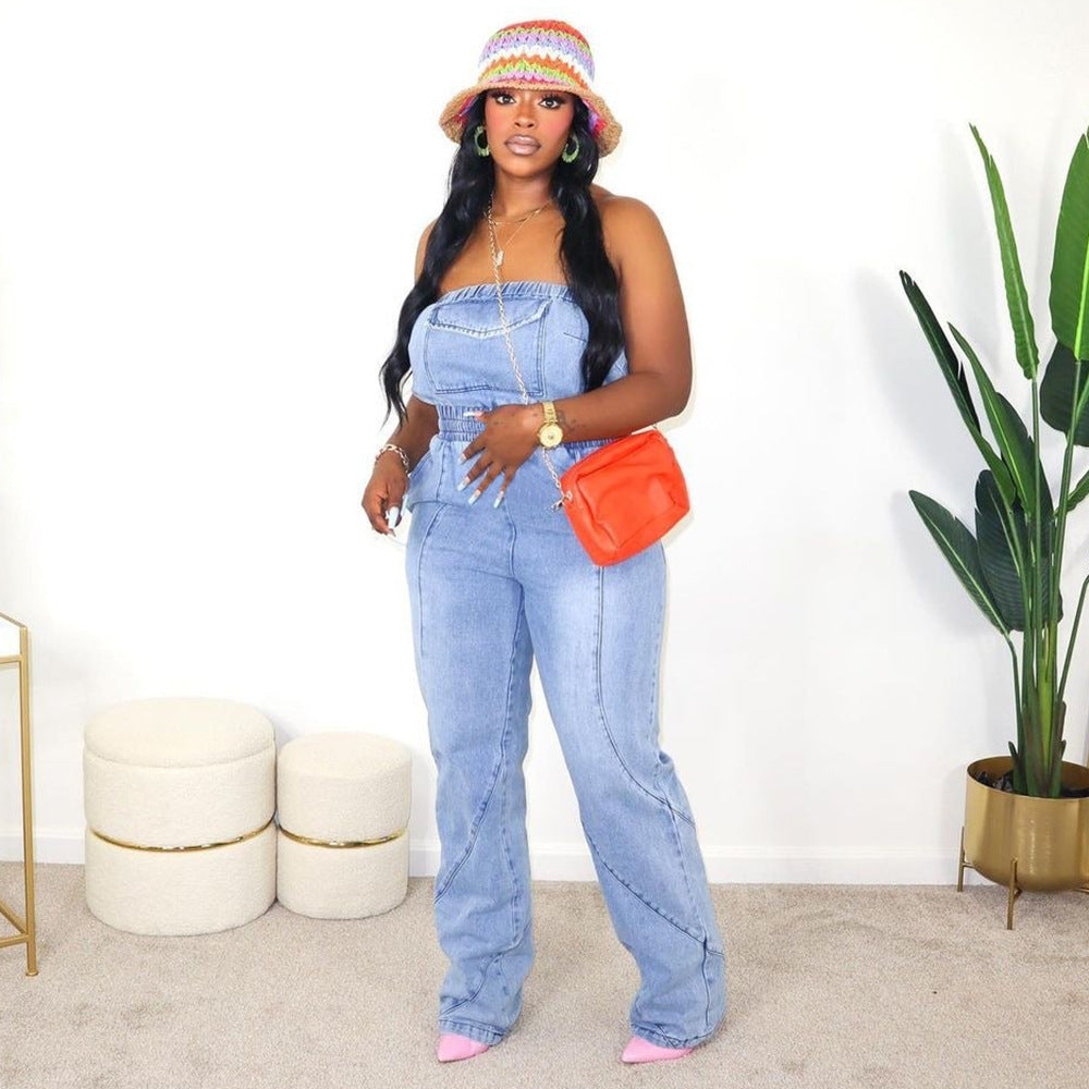 Autumn Winter Stitched Backless Pocket Washing Water Denim Jumpsuit