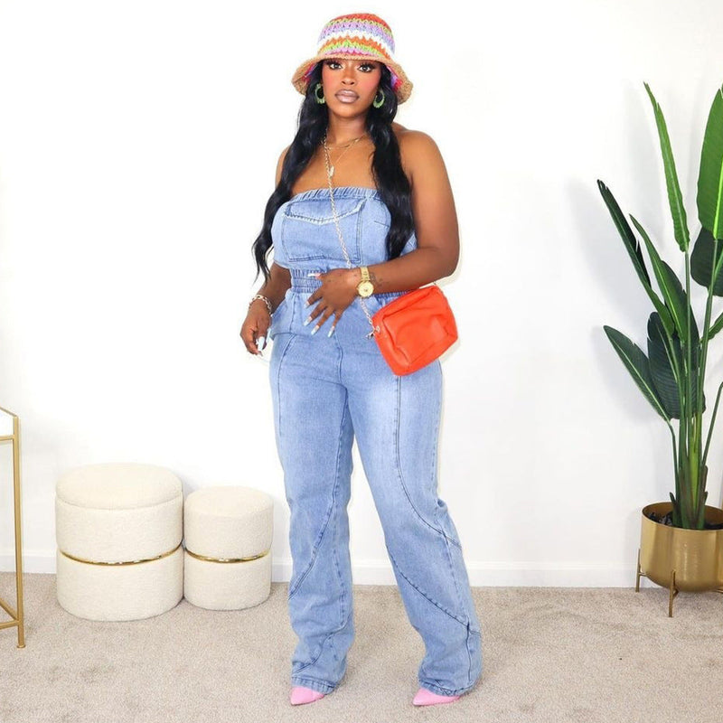 Autumn Winter Stitched Backless Pocket Washing Water Denim Jumpsuit