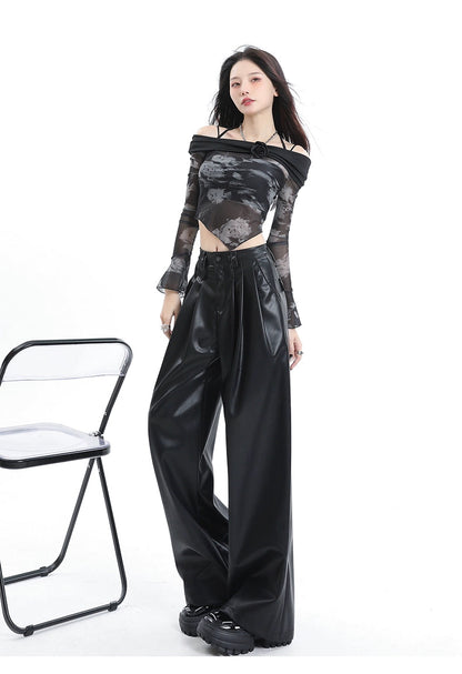 Coffee Wide-leg Pu Leather Pants