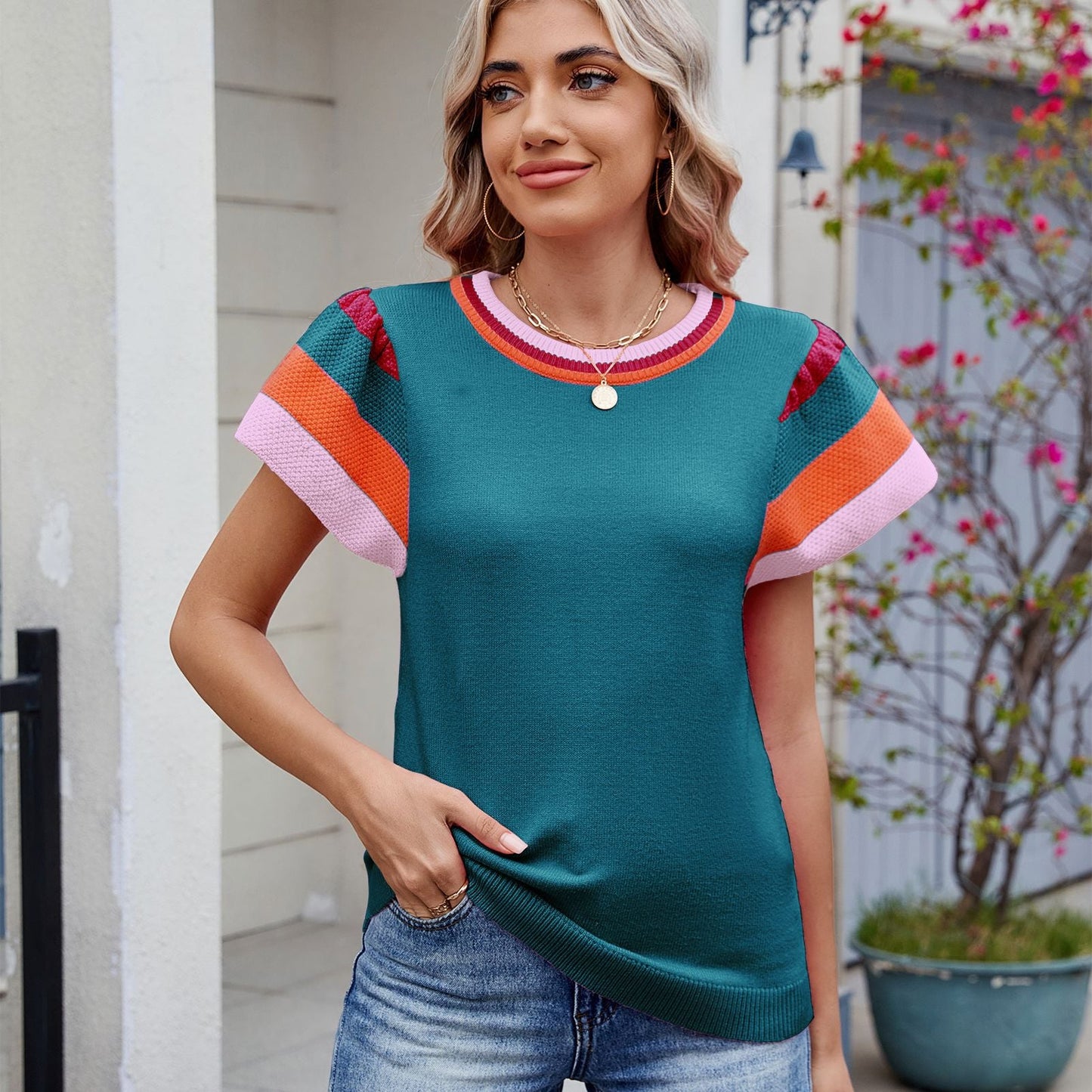 Clothing Summer Pullover Round Neck Knitted Top Sweater With Short Sleeves