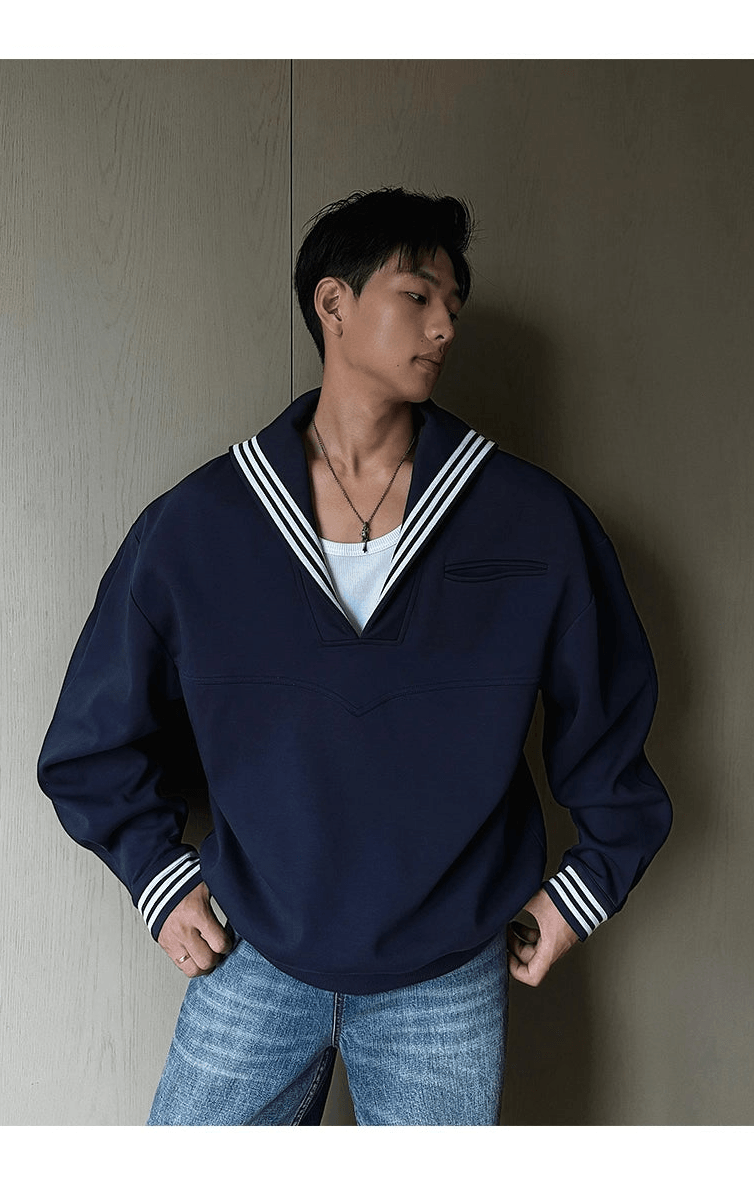 Weave Studio Navy Blue Sailor Collar Sweatshirt - Oversized Nautical V-neck Pullover