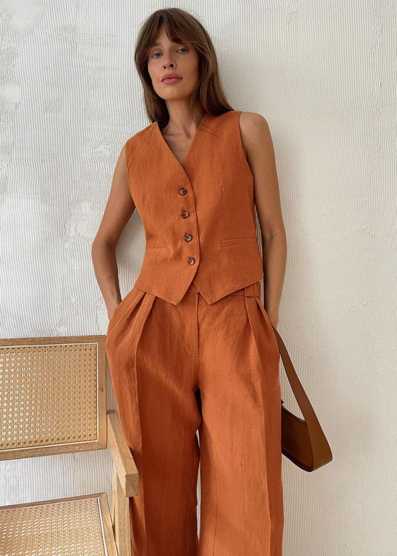 Linen Vest & Wide-leg Pants Set