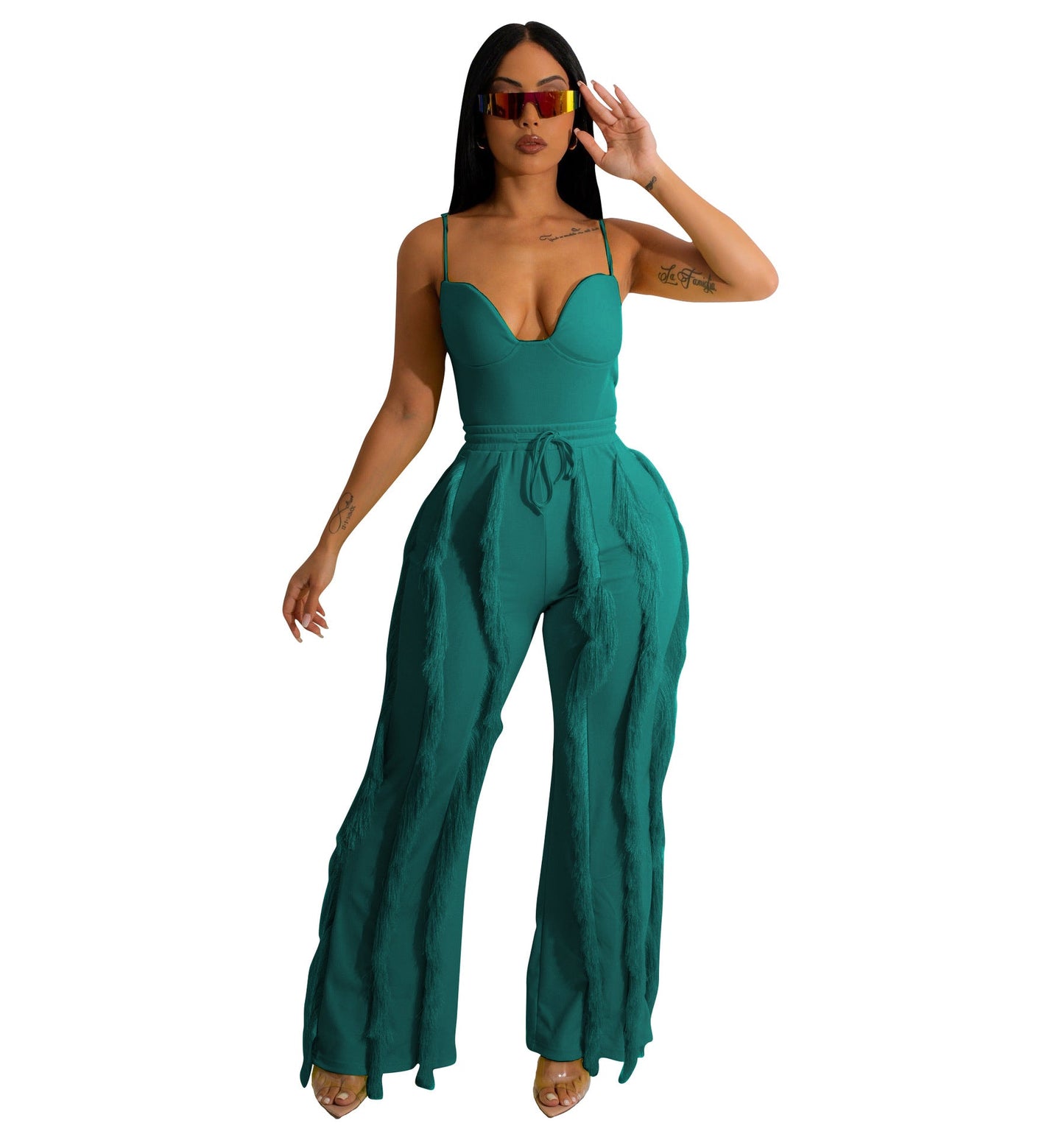 Clothing Suit Tassel Lace Sling Jumpsuit Two Piece Set Straight Leg Pants Summer