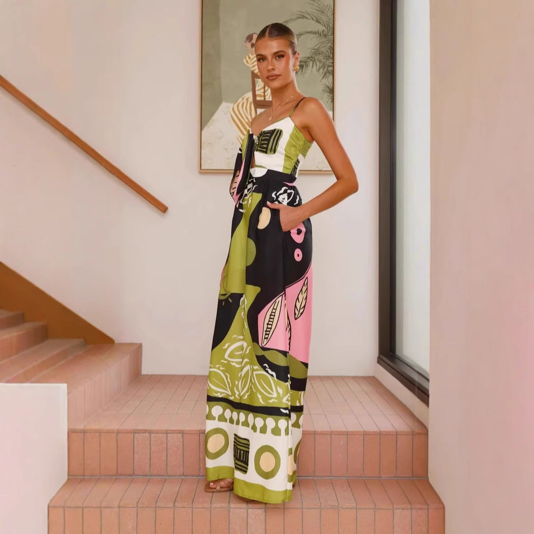 Spring Summer Jumpsuit Cropped Print Sling Wide Leg Jumpsuit