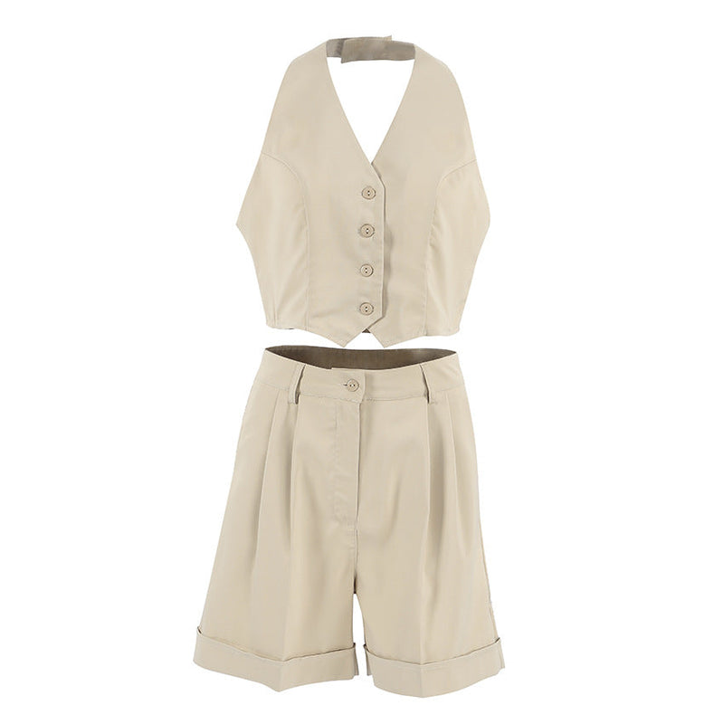Spring Summer Office Sleeveless V Neck Halter Pants Set Two Piece Set