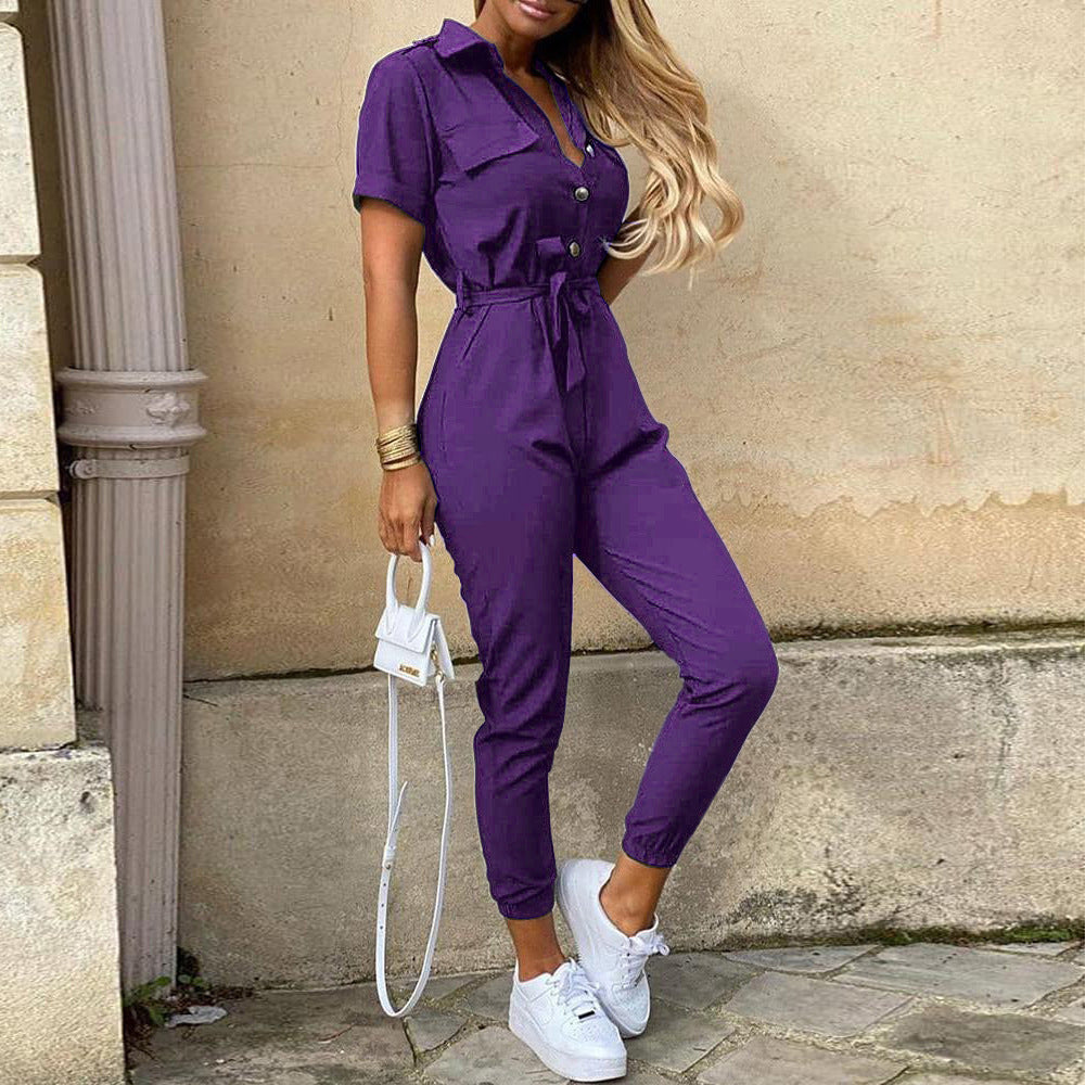 Clothing Trousers Collared Button Printed Belt Cargo Overalls