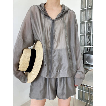 Hooded Tencel Sun Protection Clothing Shorts Two Piece Summer Thin Outdoor Sports Set