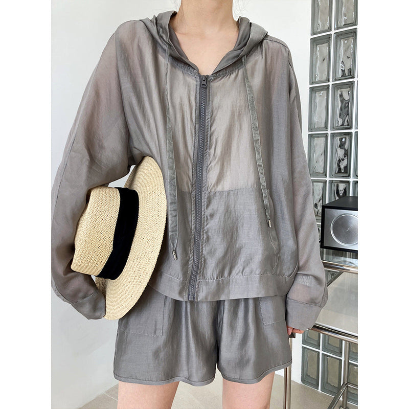 Hooded Tencel Sun Protection Clothing Shorts Two Piece Summer Thin Outdoor Sports Set