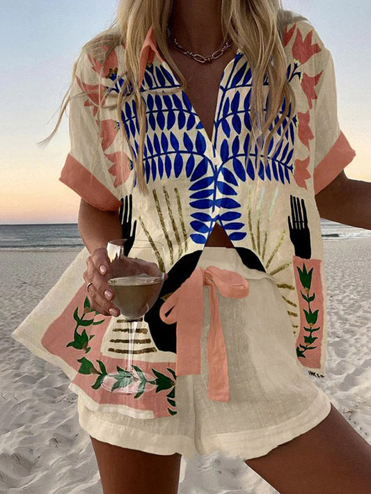 Abstract Graffiti Plant Print Shorts and Shirt Two-piece Set