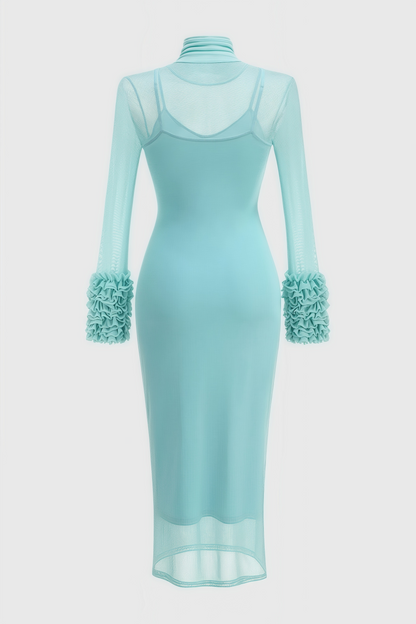 Abrife Blue Sheer Mesh Maxi Dress