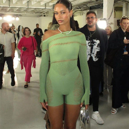Clothing Autumn Winter Clothing Shoulder Jacquard Long Sleeve Fishnet Clothes Skinny Romper