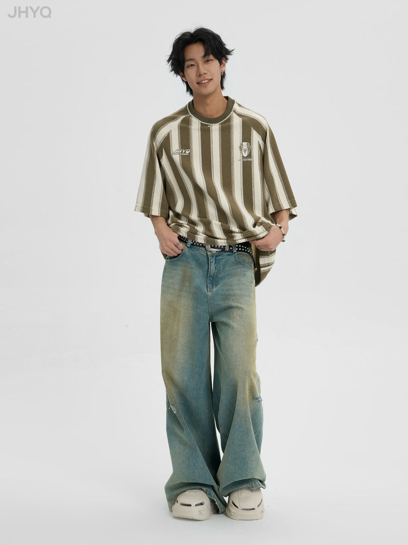 Contrast Striped Neck Beaded T-shirt