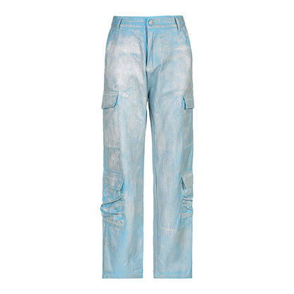 Clothing Metallic Coated Fabric Bright Silver Jeans Workwear With Pocket Pants Straight Leg Pants Sets