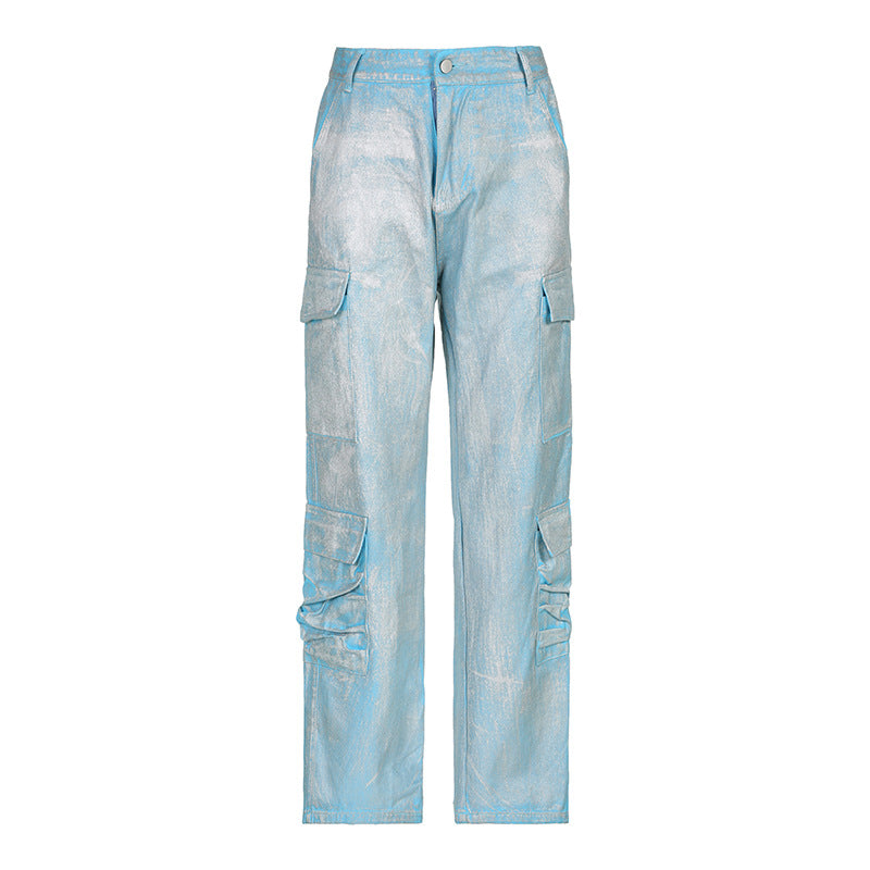 Clothing Metallic Coated Fabric Bright Silver Jeans Workwear With Pocket Pants Straight Leg Pants Sets