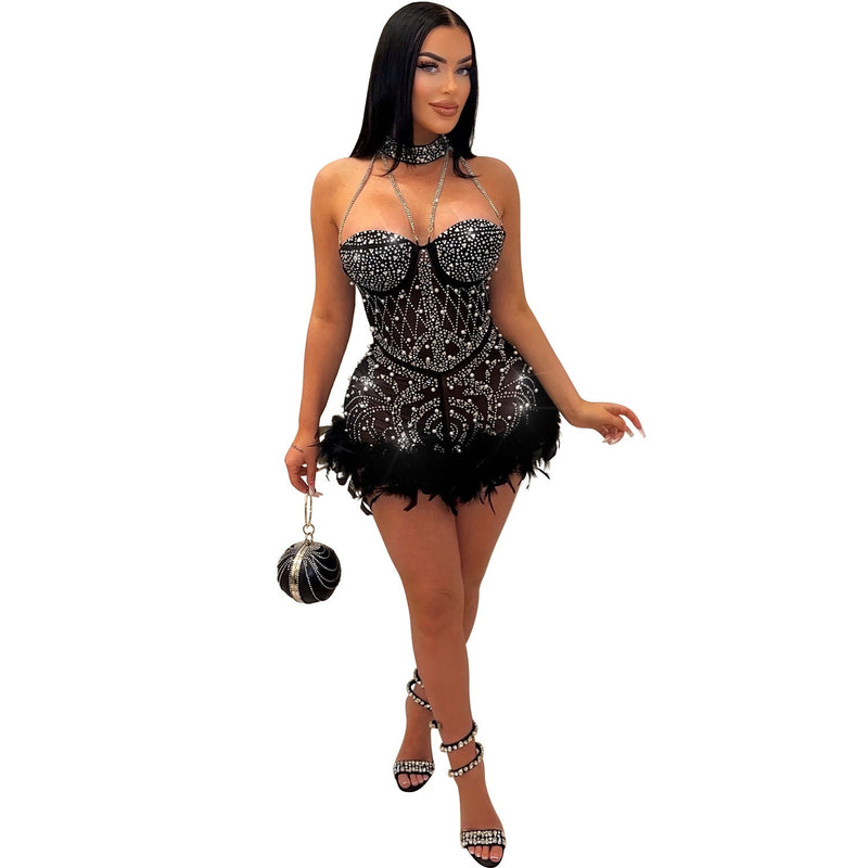 Autumn Winter Clothing Rhinestone Beaded Mesh See Through Nightclub Jumpsuit Feather