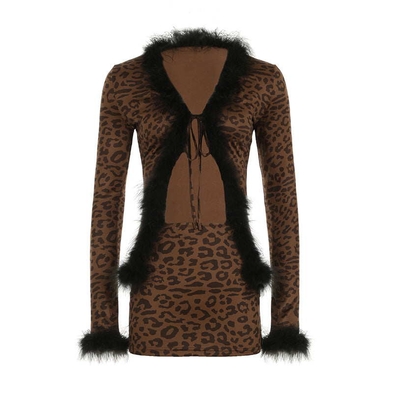 Furry Stitching Tied Cardigan Long Sleeved Top Leopard Print Skirt Set Two Piece Set