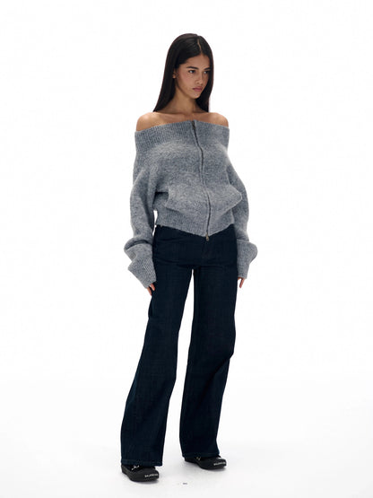 Off-the-shoulder Zipper Knit Cardigan