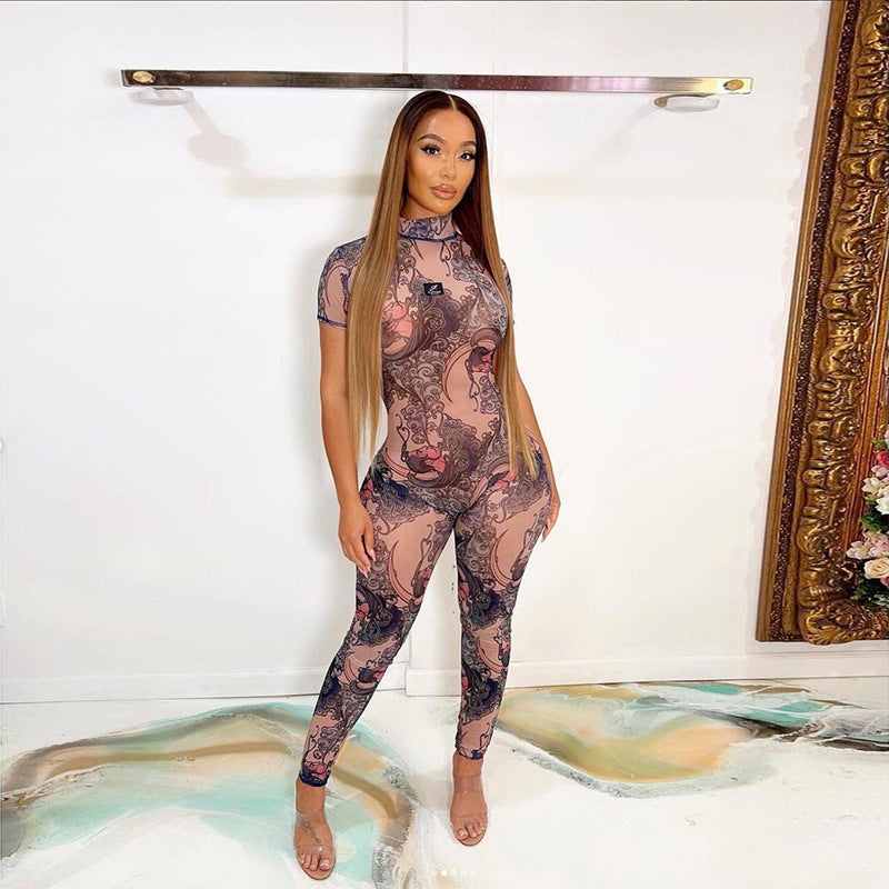 Summer Clothing See Through Mesh Print Hollow Out Cutout Backless Tight Jumpsuit