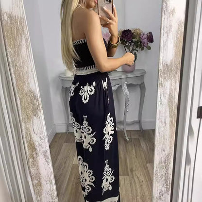 Street Hipster Wrapped Chest Printed Jumpsuit High Waist Pants