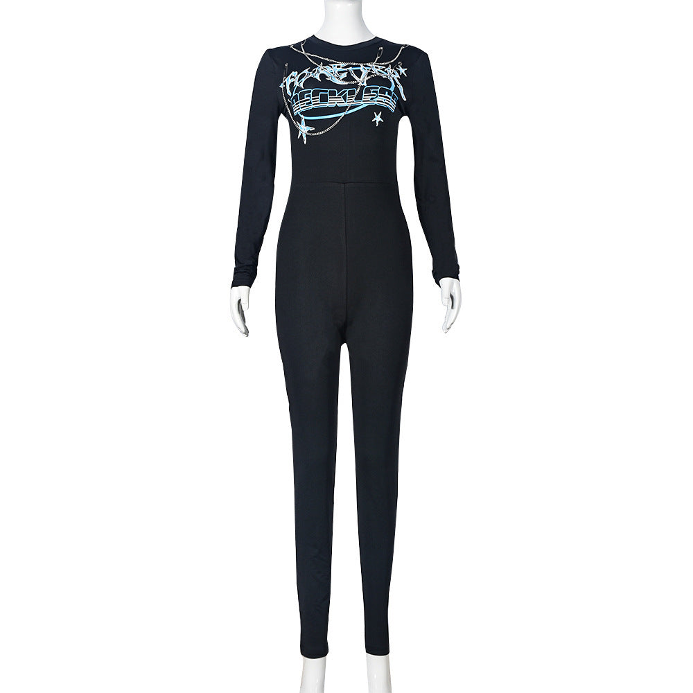 One Piece Clothing Print Round Neck Long Sleeve Stretchy Slim Fit Tight Jumpsuit