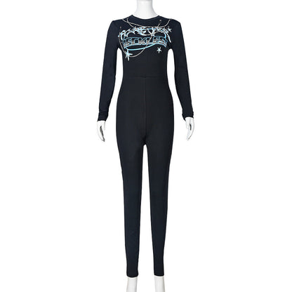 One Piece Clothing Print Round Neck Long Sleeve Stretchy Slim Fit Tight Jumpsuit