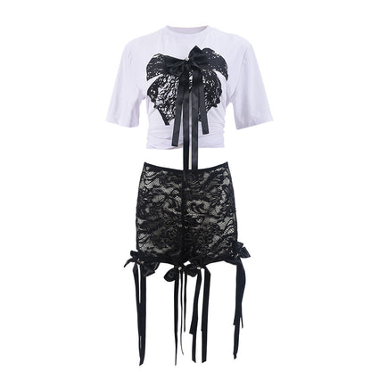 3d Butterfly Print Loose Lazy Top Lace Shorts Suit