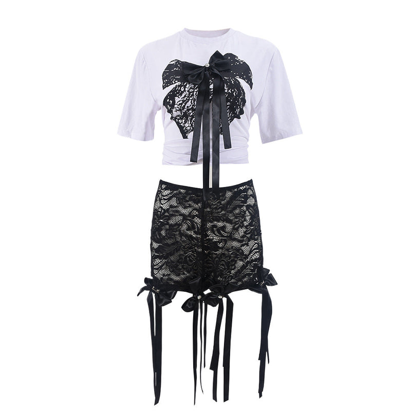 3d Butterfly Print Loose Lazy Top Lace Shorts Suit