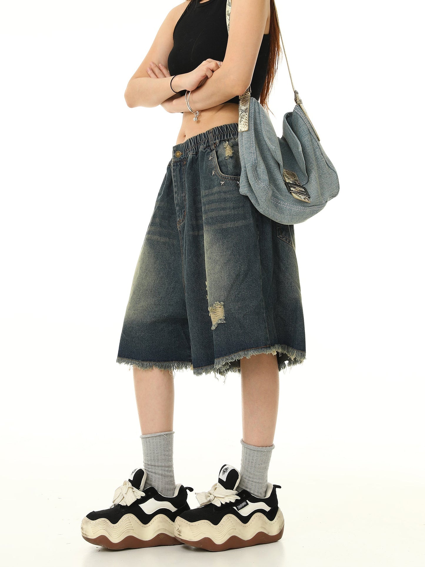 Distressed Denim Bermuda Shorts