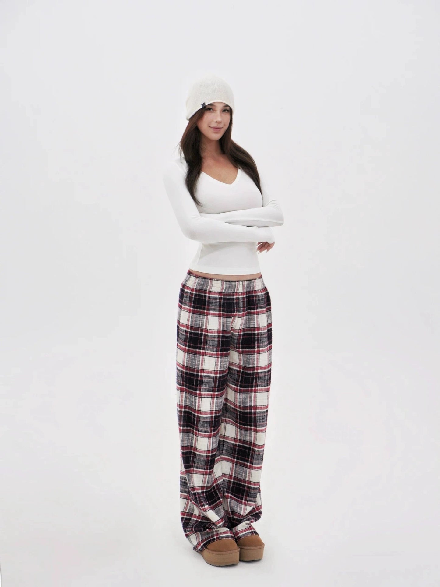 Red Plaid Wide-leg Floor-length Pants
